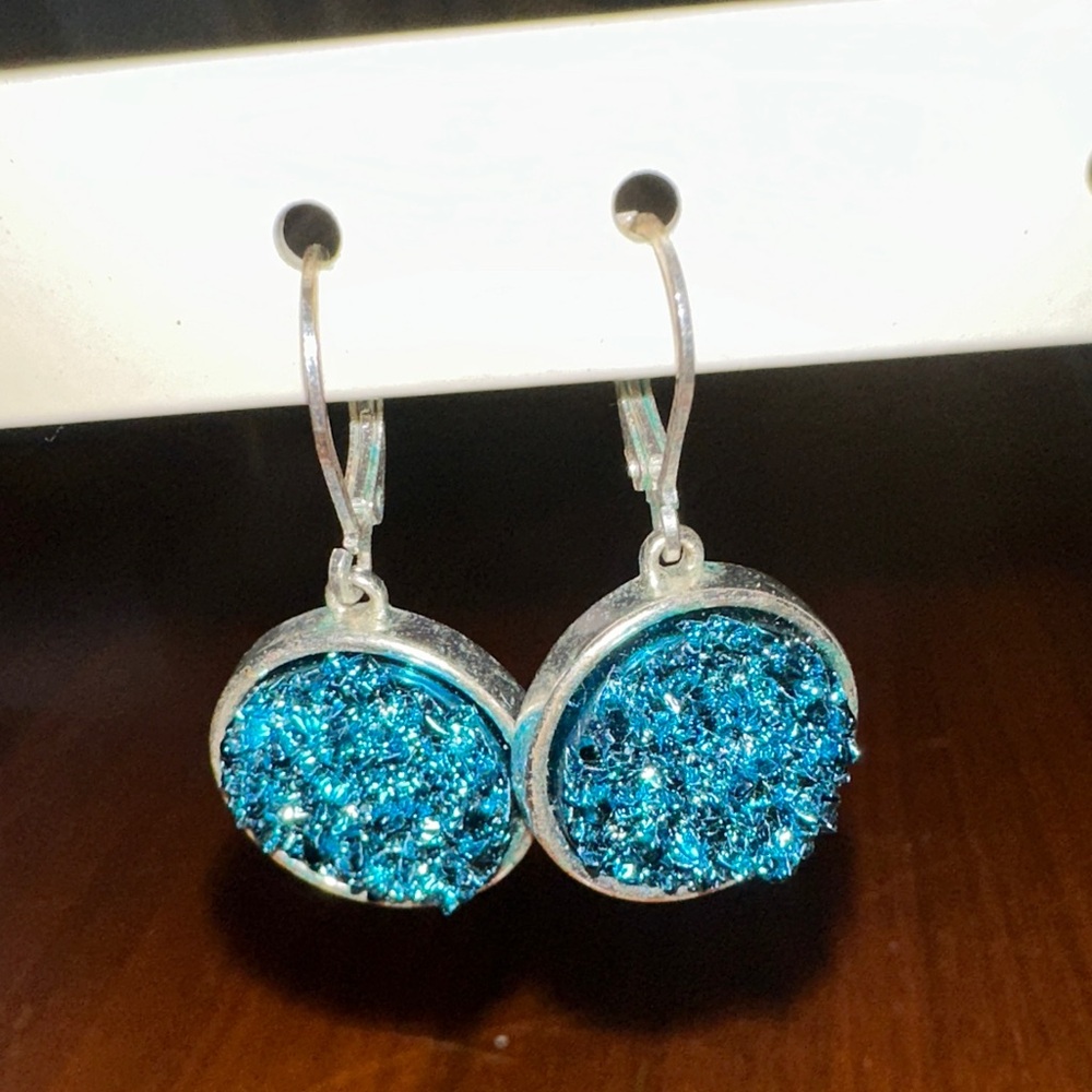 Vtg Joan Rivers Classics Collection Metallic‎ Blue Druzy Round Dangle Earrings
